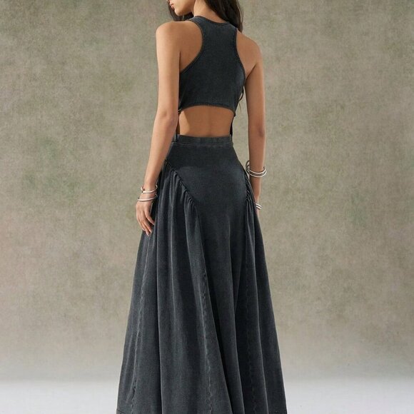 Black Casual Women's Distressed Wash Backless Design Dress - Picture 2 of 8